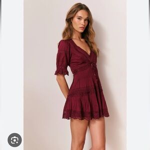 NWT LoveShackFancy Burgundy Lace Cotton Mini Dress Tie Waist Romantic Boho Sz 6